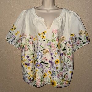 NWT $99 Sz 2X Talbots White Floral Split Neck Popover Blouse